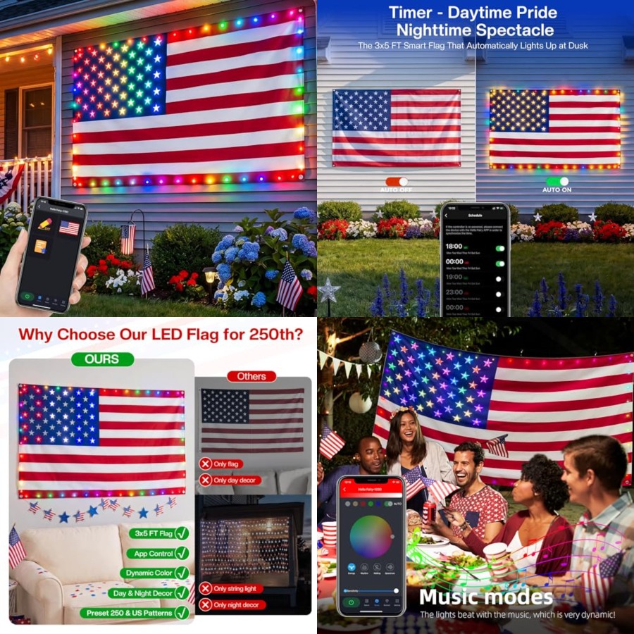 Up Lighting Decor - Bandeira Americana Iluminada Inteligente 3x5 FT,