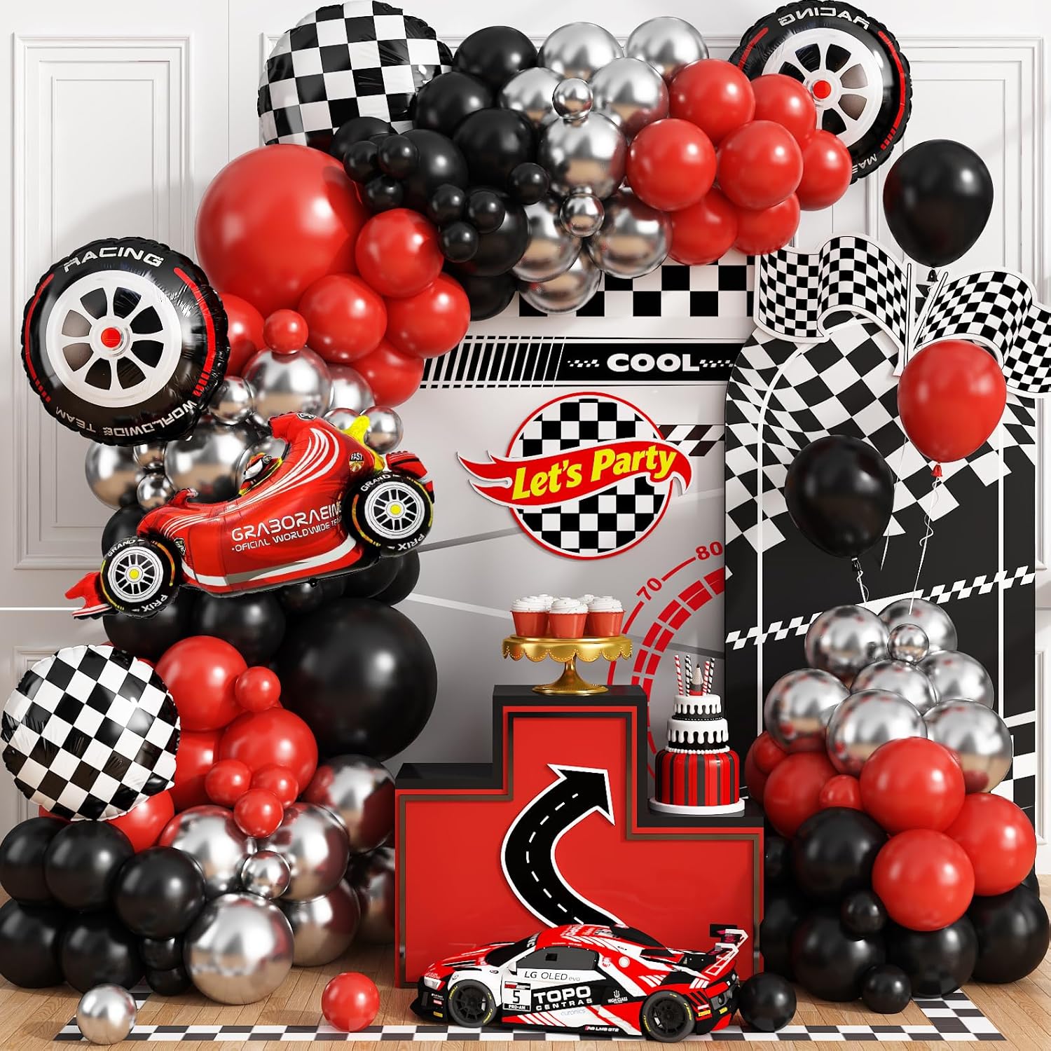 Kit de Arco de Balões Xadrez V - Lighting Mcqueen Birthday Decor avaliação e preço